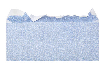 Obraz na płótnie Canvas Torn blue security envelope with a patterned interior isolated on a clean white background