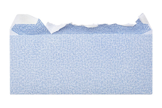 Torn blue security envelope with a patterned interior isolated on a clean white background