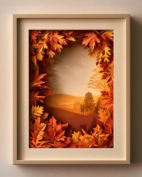 Layered papercut style autumn forest landscape in a wooden frame with warm sunset lighting