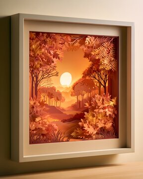 Square papercut art of an autumn forest with a bright sun, framed in a shadowbox