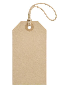 Blank brown cardboard price tag with a natural jute twine string isolated on white background