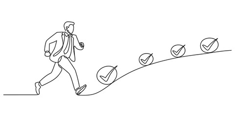Obraz premium Businessman running along a path with check mark icons as a concept of business success and goal achievement drawn in continuous line art Vector, illustration