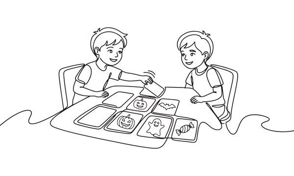 Continuous line of two young boys sitting at a table playing a halloween themed memory card game with of pumpkins, a ghost, a bat, and candy on a white background