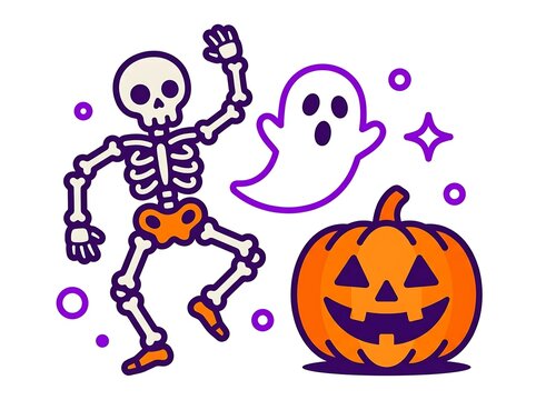 Cartoon illustration featuring a dancing skeleton a cute ghost and a smiling carved halloween pumpkin lantern