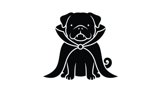 Black silhouette vector illustration of a cute pug dog wearing a spooky vampire halloween cape