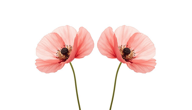 The image appears to show two pink poppy flowers with delicate, crinkled petals and dark central seed pods, set against a clean white background