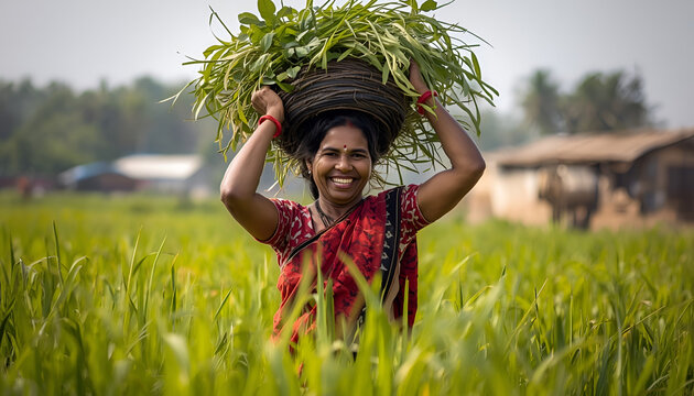 Indian woman carrying a basket of fresh green grass on her head in a field
