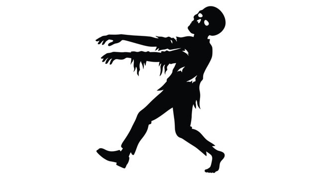 Walking zombie silhouette vector graphic illustration featuring a tattered character reaching forward with outstretched undead arms