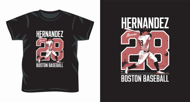 Hernandez boston baseball number twenty eight tshirt design with batter illustration in burgundy and white theme.