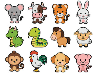 Obraz premium Set of cute chinese zodiac animals collection cartoon vector illustration set