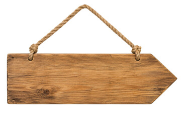 Rustic wooden arrow sign with a hanging rope isolated on a clean white background surface © Ophelia