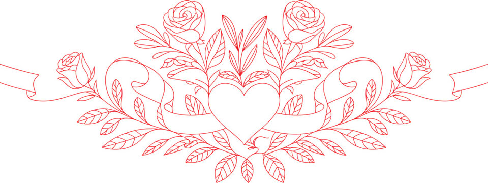 Red Line Art Floral Arrangement with Heart and Ribbon Banner