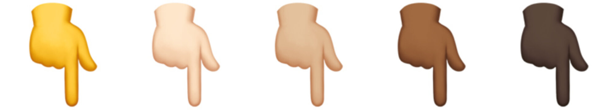 Pointing down hand emoji set with diverse skin tones and cartoon fingers. Clear gesture symbols suit instructions, buttons, messaging, stickers, apps, social media, and digital design. Vector.