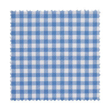 Square fabric swatch of blue and white gingham check pattern with pinked decorative edges