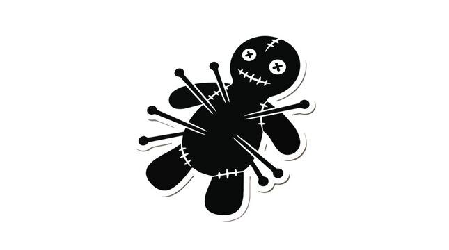 Black voodoo doll sticker featuring white stitching details and multiple pins stuck inside
