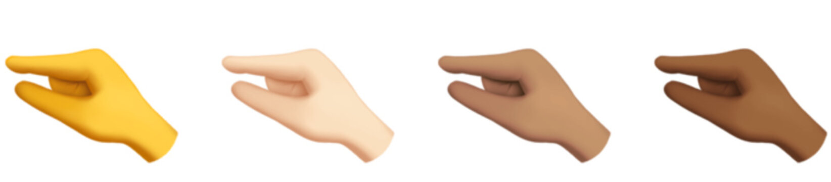 Pinching hand gesture emoji set in multiple skin tones. Small amount finger snap gesture emoticons for expression and fun social media design. Isolated flat vector illustration on white background.