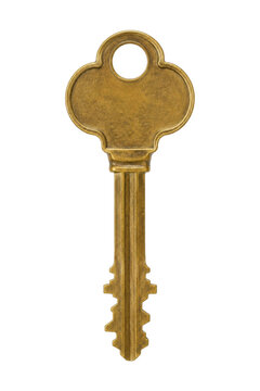 Vintage brass key with a clover shaped bow isolated on a clean white background for security