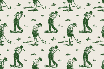 Obraz premium Vintage Golf Seamless Pattern with Hand-Drawn Golfers and Course Elements