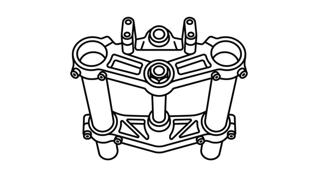 Dynamic Black and White Line Drawing of Engine Cylinder Head with Mounting Points and Exhaust Ports