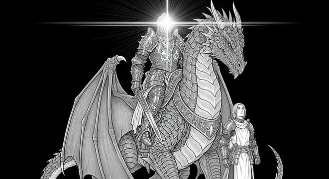 Medieval knight riding armored dragon with young squire in fantasy battle scene
