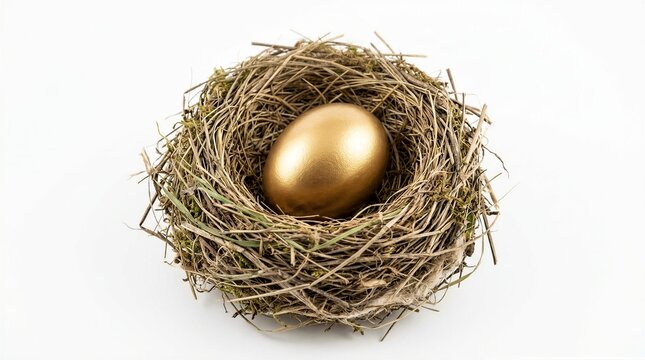 Golden egg rests in a rustic bird's nest. Natural twigs cradle the gleaming object. White background highlights the symbol of wealth. The scene evokes ideas of fortune and potential