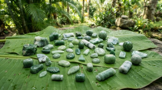 Green jade stones rest on a large, dewy leaf. Lush jungle foliage frames the natural setting. Glistening stones vary in size and shape. The leaf shows droplets from recent rain