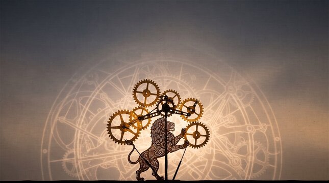 Steampunk Lion Holding Mechanical Cogs Against Cosmic Backdrop