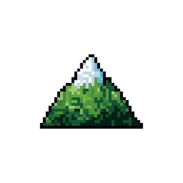 Pixel art mountain with snow cap on transparent background