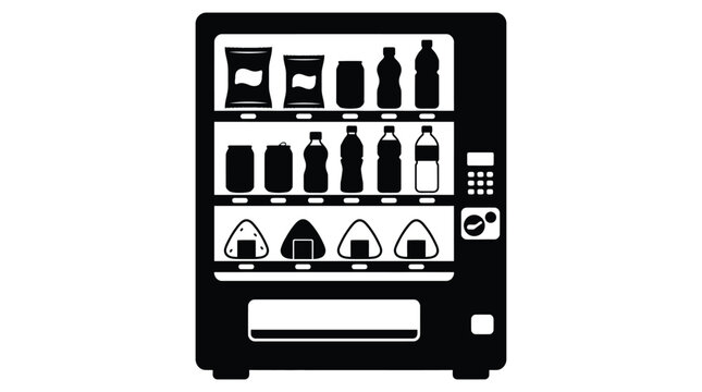 Black silhouette of a vending machine with displayed snacks and drinks