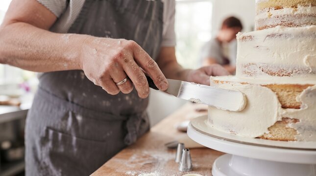 Chef smoothing frosting on cake