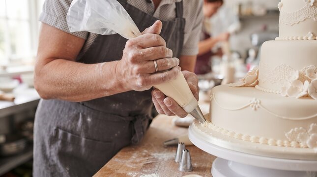 Chef decorating cake with piping bag