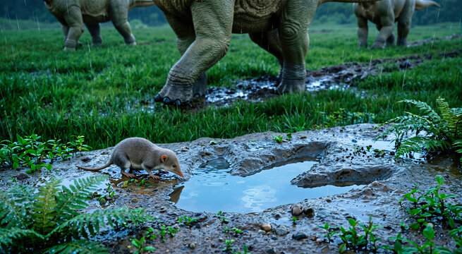 Small mammal drinking from a dinosaur footprint puddle on muddy ground. Prehistoric animal in the rain at dusk. Dinosaur era ecosystem