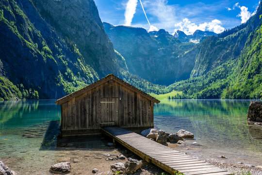 Iconic wooden hut located in the beautiful Obersee lake