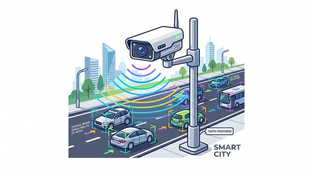 CCTV camera monitoring traffic flow on a city street with digital data overlays and urban background.