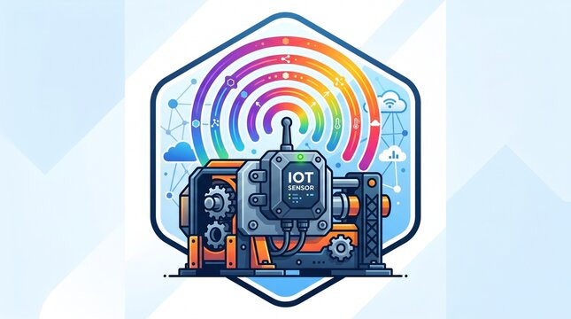 IoT sensor device transmits data over a colorful wireless network signal in a hexagonal badge design.