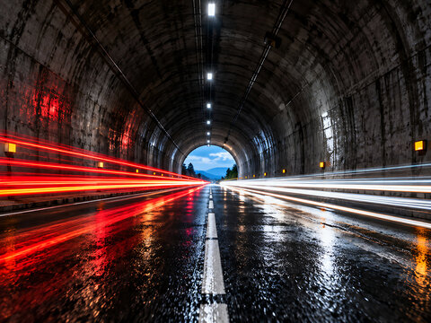 Highway tunnel with blurred motion of car lights at night wet road surface