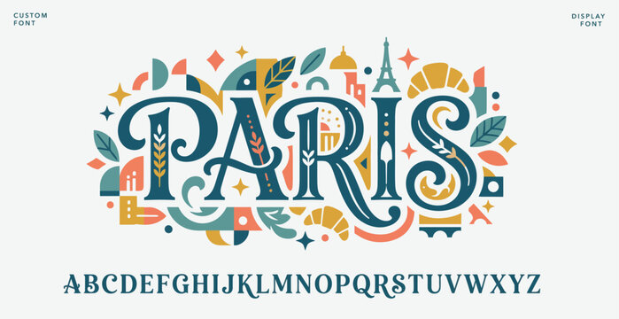 Custom decorative paris display font with alphabet characters and travel-themed icons