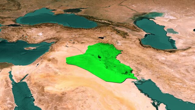 Baghdad Iraq highlighted in red with location pin on green satellite terrain map, Tigris and Euphrates river valley, Mesopotamia aerial map animation