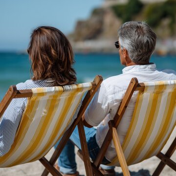 Mature couple sitting on deck chairs admiring the ocean view during summer