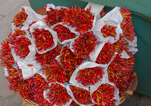Italian Peperoncino Hot Chili Peppers at Farmers Market in Venice Close up