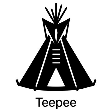 Black silhouette icon of a conical tent structure with the word teepee written underneath it with traditional conical tent text illustration