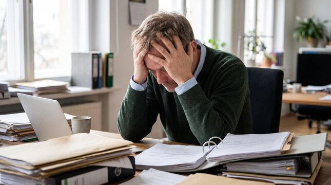 Gestresster und ersch&ouml;pfter Mann sitzt am Schreibtisch im B&uuml;ro und h&auml;lt sich verzweifelt den Kopf. Konzept f&uuml;r &Uuml;berarbeitung, Burnout, finanzielle Probleme oder Steuererkl&auml;rung