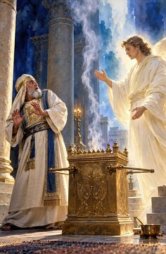 Angel Gabriel appearing to priest Zechariah at the golden altar of incense in the temple. Biblical scene with rising smoke, luminous light, and ancient architecture. Religious art illustration