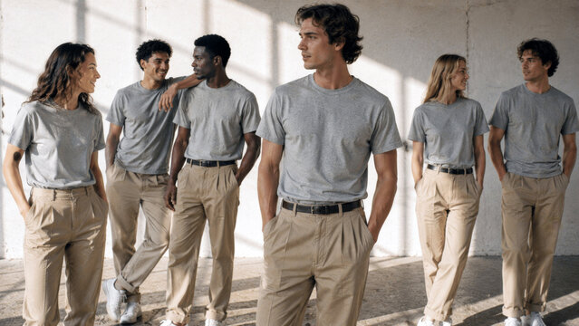 Diverse group of young adults wearing matching gray shirts and beige pants, representing teamwork, community, casual fashion, unity, and modern lifestyle