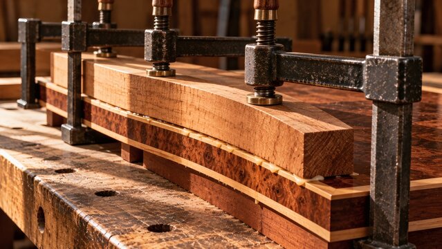 Forged Steel F-Clamp Tightening Hardwood Caul Block onto Fresh Inlay Joint