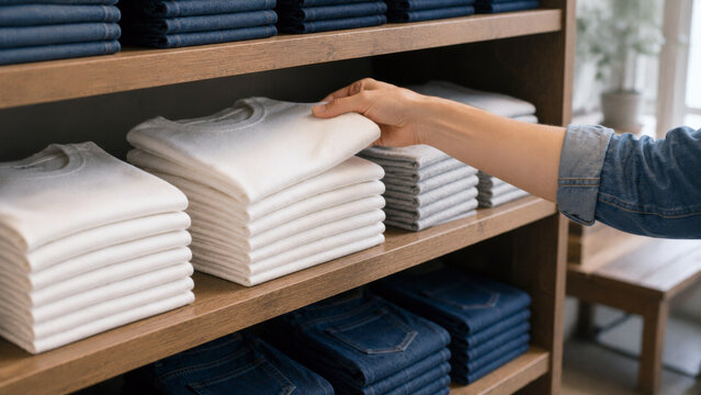 Shopper selecting a folded white shirt from a clothing store shelf with jeans and casual apparel neatly displayed