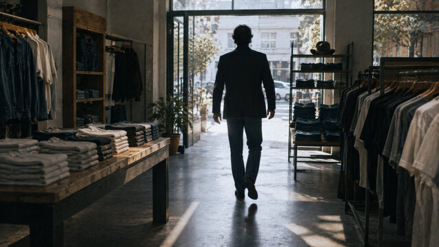 Man walking through a casual clothing store with denim and shirts on display, representing fashion retail, shopping, apparel, and consumer lifestyle