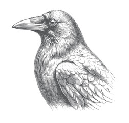 Fototapeta premium Crow bird head portrait in vintage engraving illustration with hand drawn ink line work. 