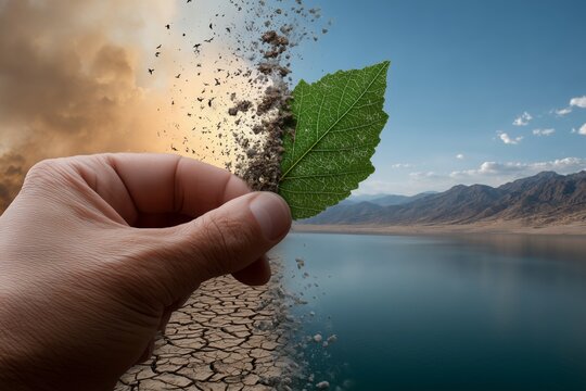 Hand holding green leaf transforming cracked desert landscape into a lush lake