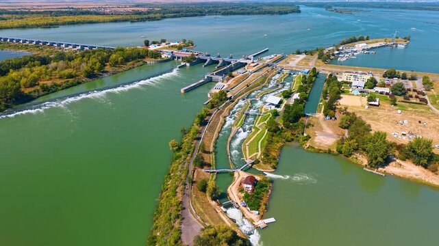 Aerial view of water channel and slalom course. High altitude shot shows artificial whitewater rapids channel adjacent to main river stream.